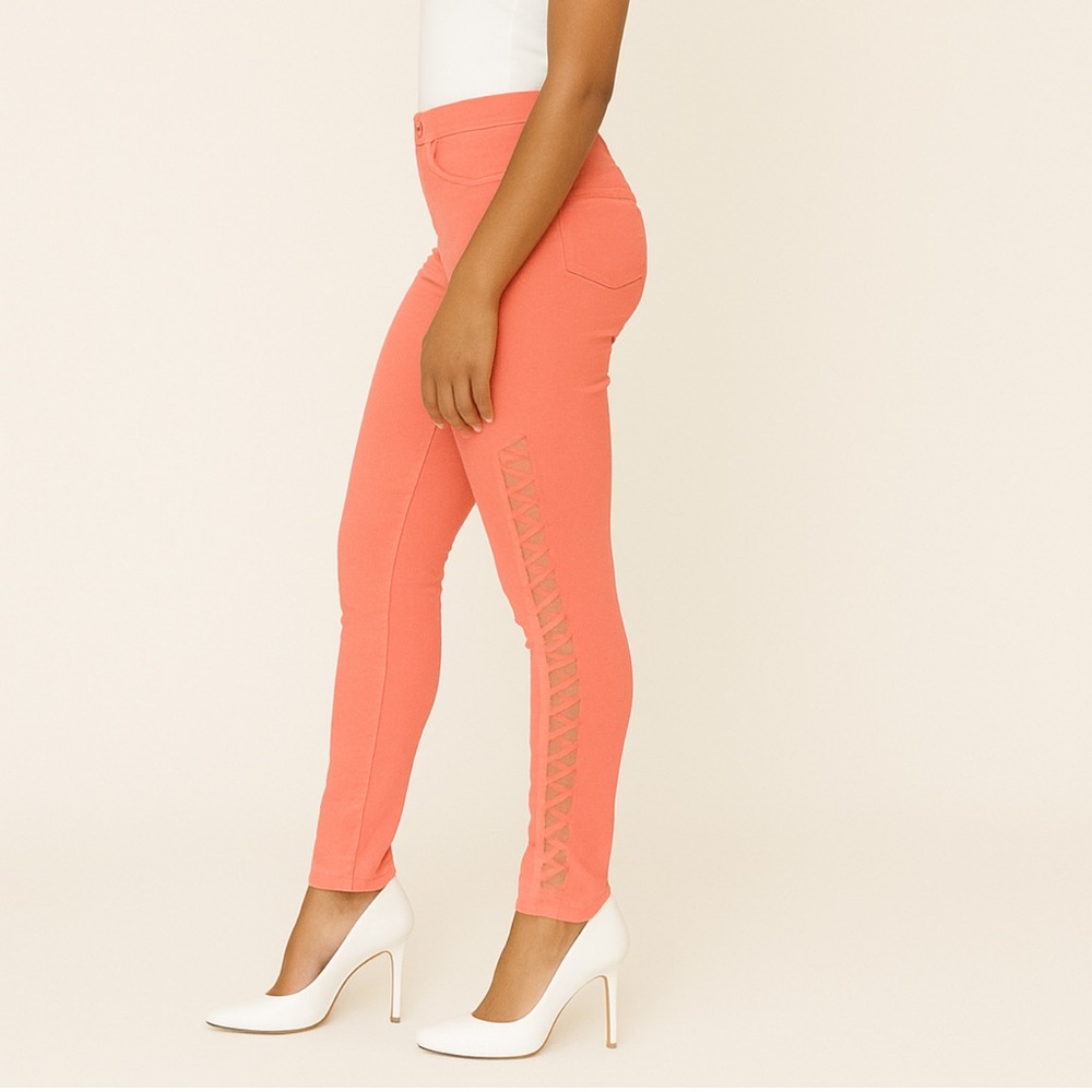 Stretch Peach Coral Elastic Waist Skinny Cut Out Pants